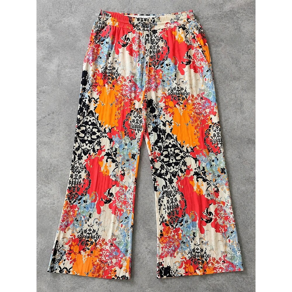 Tropical Palazzo Pants Womens 2X Wide Leg Rayon Drawstring Pockets Pull On